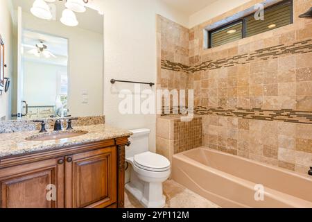 Elegant bathroom design featuring unique tile work and spacious layout Stock Photo