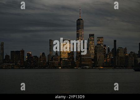One World Trade Center. NYC skyline. NYC tourism. Business city concept. World Trade Center over Hudson river. Stock Photo