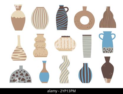 Collection of trendy interior vases. Ceramic pottery in minimalistic style in pastel earth colors. Vector elements. Stock Vector