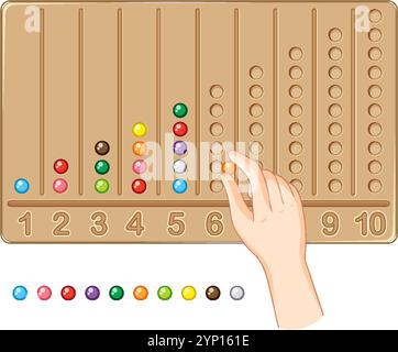 Hand arranging colorful beads on a counting board Stock Vector