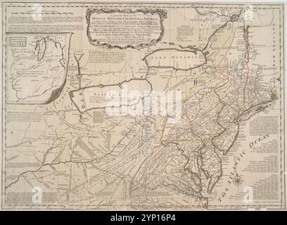 A general map of the middle British colonies in America: viz. Virginia, Maryland, Delaware, Pensilvania, New-Jersey, New-York, Connecticut and Rhode-Island : of Aquanishuonigy the country of the confederate Indians comprehending Aquanishuonigy proper, their places of residence, Ohio and Thuchsochruntie their deer hunting countries, Couchsachrage and Skaniadarade their beaver hunting countries, of the Lakes Erie, Ontario and Champlain, and of part of New-France : wherein is also shewn the antient and present seats of the Indian nations 1758 by Evans, Lewis, 1700?-1756 Stock Photo