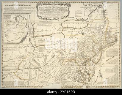 A general map of the middle British colonies in America: viz. Virginia, Maryland, Delaware, Pensilvania, New-Jersey, New-York, Connecticut and Rhode-Island : of Aquanishuonigy the country of the confederate Indians comprehending Aquanishuonigy proper, their places of residence, Ohio and Thuchsochruntie their deer hunting countries, Couchsachrage and Skaniadarade their beaver hunting countries, of the Lakes Erie, Ontario and Champlain, and of part of New-France : wherein is also shewn the antient and present seats of the Indian nations 1758 by Evans, Lewis, 1700?-1756 Stock Photo