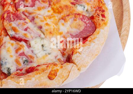 Pizza delivery. Pizza with salami and in a paper box isolated on white Stock Photo