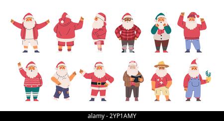 Santa Claus characters in various outfits and poses colorful attire diverse styles holiday theme playful design flat style Stock Vector