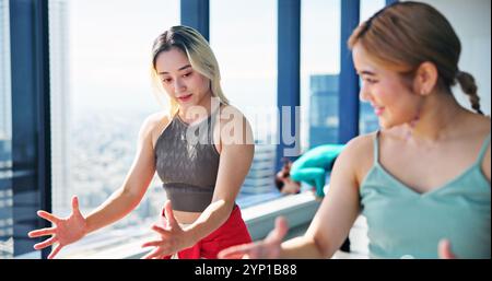 Dance, women and learning in studio for training, contemporary routine or choreography. Japanese dancers, posture or planning in class for performance Stock Photo