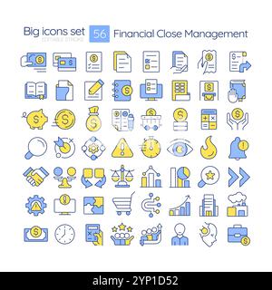 Financial close management RGB color icons set Stock Vector