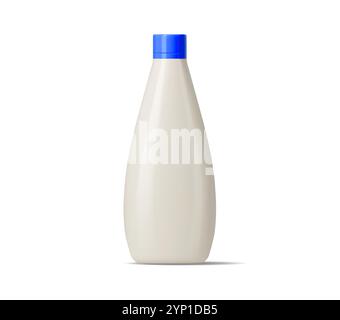 Mayonnaise sauce plastic bottle package with a blue cap. Isolated realistic 3d vector container filled with mayo condiment. Food packaging for storing product, cooking and culinary presentations Stock Vector