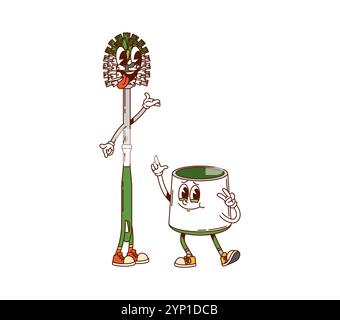 Cartoon groovy toilet brush and holder cleaning, washing or household characters with smiling faces. Isolated vector housekeeping tools, retro personages ready to clean bathroom with hippie vibes Stock Vector