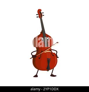 Cartoon funny contrabass, double bass character with expressive face and bow in hand. Isolated vector musical string instrument personage with smiling face playing classic music on philharmonic stage Stock Vector