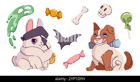 Cute halloween party costume for animal character. Spooky pirate rabbit for autumn carnival, skeleton bone and creepy skull isolated cartoon drawn. Monster puppy dressed for fall holiday. Candy treat Stock Vector