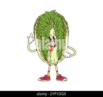 Cartoon groovy Chinese cabbage vegetable character with a big, friendly smile, wearing sneakers, and gesturing happily. Isolated vector ripe farm veggie personage exudes a cheerful, energetic vibe Stock Vector