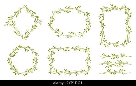 Olive leaves frames, dividers and borders. Elegant floral and nature-themed rectangular, oval, diamond shapes for invitations, photo frames, decorative elements for menu in natural Mediterranean style Stock Vector