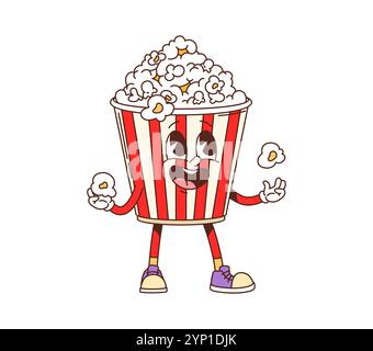 Cartoon groovy fast food popcorn character. Fast food menu meal funny funky personage, cinema snack cheerful 60s 70s cartoon isolated vector mascot. Takeaway popcorn bucket happy smiling character Stock Vector