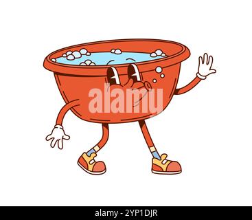 Groovy wash basin cleaning, washing and household cartoon character conveying joy and y2k energy, ready for home tasks. Isolated vector red bowl filled with water and bubbles, embodying retro vibe Stock Vector