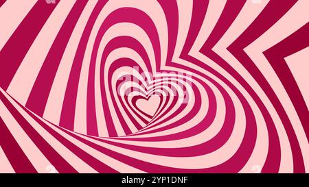 Psychedelic heart tunnel with hypnotic stripes swirl for Valentine or wedding, vector background. Cartoon abstract love tunnel of heart stripes in psychedelic spiral twirl on twisted background Stock Vector