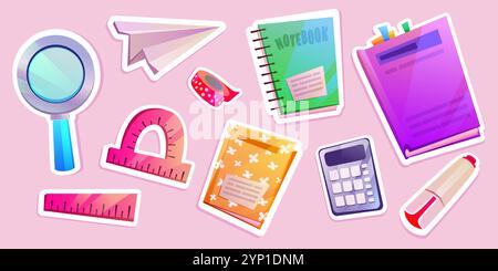 Book and stationery icon. Back to school sticker. Cute education notebook set for children. Student ruler, calculator, eraser and notepad collection. Paper airplane and magnifying glass stationary Stock Vector