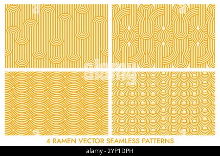 Ramen noodles pasta seamless patterns. Asian cuisine food vector backgrounds set with yellow waves and curved lines. Japanese and chinese ramen geometric patterns of traditional oriental noodles dish Stock Vector