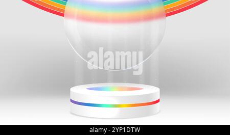 3d pride podium with rainbow. Lgbtq platform with glass for product display in realistic studio room render. Blue, yellow, orange and purple template with cylinder pedestal. Empty showcase mockup Stock Vector