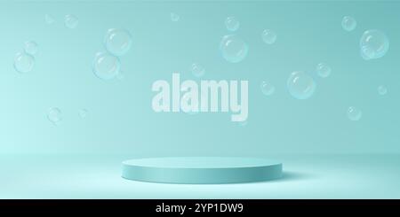 Minimalist 3d composition with turquoise circular podium with floating transparent soap bubbles scattered on mint gradient background. Clean, fresh product presentations or bath cosmetics display. Stock Vector