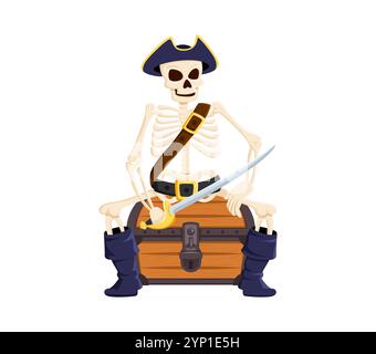 Cartoon skeleton pirate and corsair character sitting on treasure chest, sternly guarding his loot, adorned in a classic captain filibuster outfit with a cocked hat. Isolated vector Halloween skeleton Stock Vector