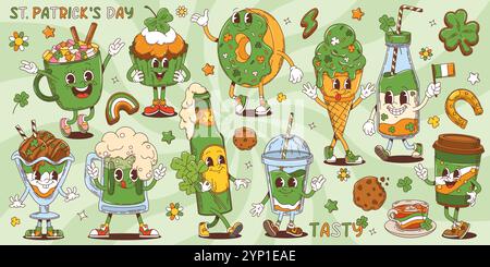 Cartoon groovy retro dessert and drink characters, Saint Patrick day holiday vector personages of pastry and sweets. Groovy green beer, coffee, cocktail and cake, trefoil clover and rainbow cookie Stock Vector