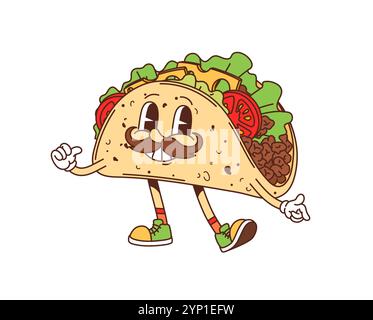 Cartoon groovy fast food tacos cheerful character. Mexican cuisine street cafe snack cartoon funny mascot, cheerful groovy isolated vector personage. Fast food meal or takeaway tacos happy character Stock Vector