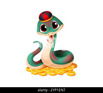 Cartoon snake character with sitting atop of pile of gold coins conveys prosperity, wealth and celebration, representing the Chinese New Year. Cute reptile in traditional hat symbol of 2025 year Stock Vector