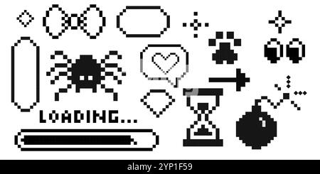 Pixxel y2k trendy elements. 8 bit groovy stickers, borders, decorations. Sandglaa, smile on face, cute paw, geometric shapes pixel art. Emoji retro. Vector illustration Stock Vector