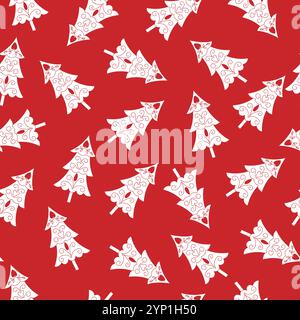 Red Christmas pattern background with Christmas trees illustration Stock Vector