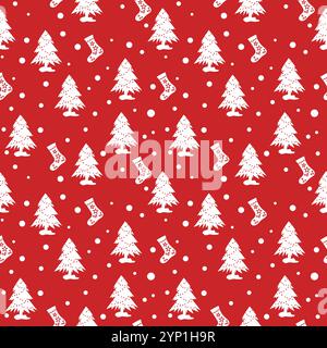 Red Christmas pattern background with snowflakes and trees illustration Stock Vector