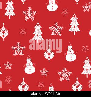 Red Christmas pattern background with snowflakes, pine tree and ornaments illustration Stock Vector