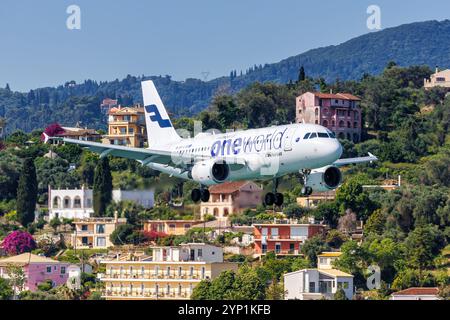 Corfu, Greece - June 8, 2024: Finnair Airbus A319 airplane with the OneWorld special livery at Corfu Airport in Greece. Stock Photo