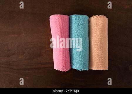 an assortment of colorful microfiber cloths used for cleaning scratch-prone surfaces and remove dirt without scratches Stock Photo