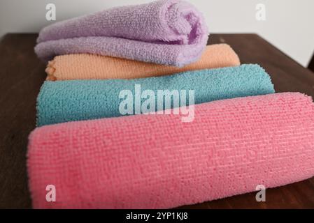 an assortment of colorful microfiber cloths used for cleaning scratch-prone surfaces and remove dirt without scratches Stock Photo