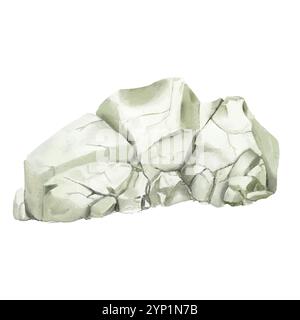 Rock stones with boulder fragments with cracks and rough texture. Watercolor digital illustration. Piece of rock in the sea isolated on white backgrou Stock Photo
