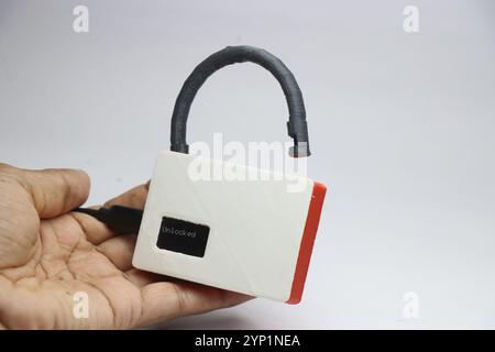 Lock made from 3d printed parts powered by usb held in the hand Stock Photo
