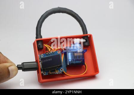 Servo and oled display controlled by microcontroller that controls the 3d printed actual lock. Useful things from a 3d printer Stock Photo
