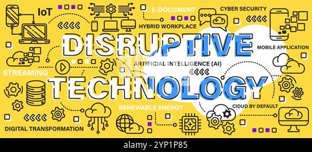 Disruptive technology . Word with line icon art banner style . Editable stroke . Vector . Stock Vector
