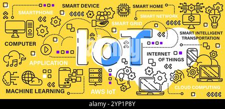 IoT or Internet of things . Technology concept . Word with line icon art banner style . Editable stroke . Vector . Stock Vector