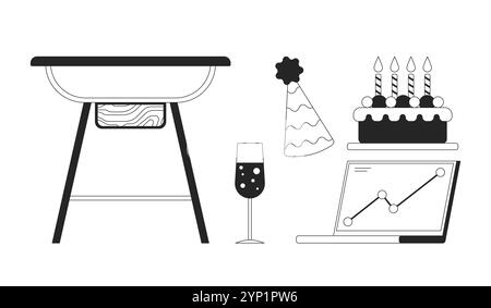 Company milestone celebration party black and white 2D line objects set Stock Vector