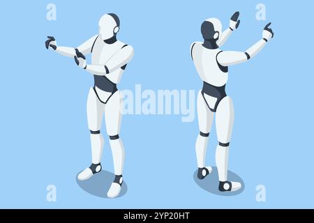 Isometric robot with artificial intelligence operates within a virtual interface in a cybernetic environment, managing global business processes Stock Vector