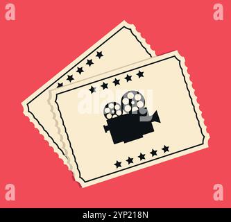 Simple cinema movie tickets icon on red background. Monochrome vector illustration Stock Vector