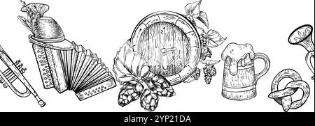 Oktoberfest vector seamless border black white isolated. Wooden barrel, tankard, musical instruments monochrome beer festive banner. Bavarian hat Stock Vector