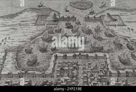 Caesar's civil war. Military conflict that took place between 49 BC and 45 BC, over Gaius Julius Caesar's personal confrontation with the conservative faction of the Senate led militarily by Gnaeus Pompeius Magnus, which was eventually defeated, allowing Caesar absolute power as Roman dictator. Siege of Brundisium (Brindisi), 49 BC. Caesar's entrenchments to prevent the entry and exit of the port of Brundisium. Engraving. Detail. 'Commentaires de Cesar, avec des notes historiques, critiques et militaires' by Count Turpin de Crissé. Volume II. Published in Montargis and sold in Paris, 1785. Stock Photo