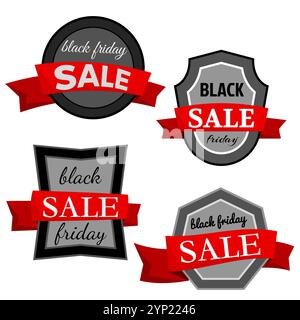 Set of four black friday sale badges with red ribbon on a white background. Vector illustration Stock Vector
