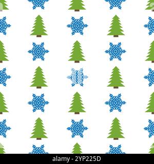Christmas semless pattern with snowflake and Christmas tree on white background. Vector illustration Stock Vector