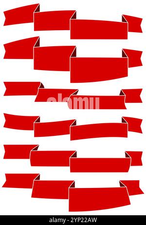 Set of six red cartoon ribbons for web design. Great design element isolated on white background. Vector illustration. Stock Vector
