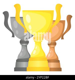 Set of vector trophy champion cups in gold, silver and bronze. Championship prizes for first, second and third place. Victory symbols isolated on whit Stock Vector