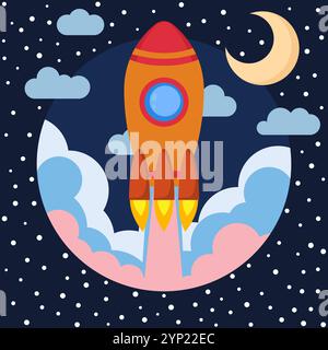 Space rocket ship in round piece with Moon and clouds. Space rocket launch. Project startup and development process concept. The rocket flies upwards. Stock Vector