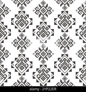 Filipino folk art Yakan waving cloth inspired vector seamless textile pattern in black geometric textile or fabric print design from Philippines Stock Vector